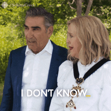 A gif of John and Moira from Schitt's Creek saying "I don't know, it feels risky."