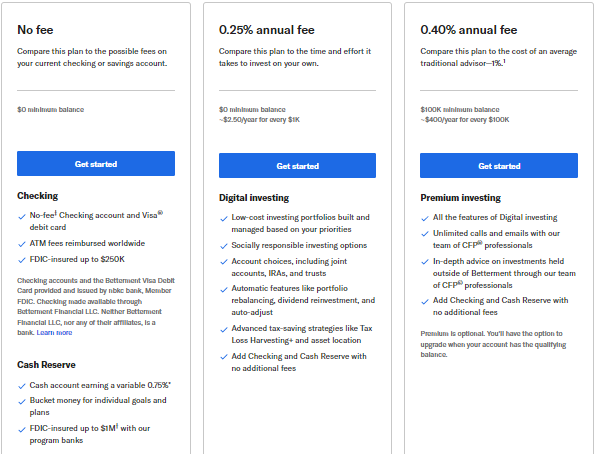 Betterment prices for three different plans